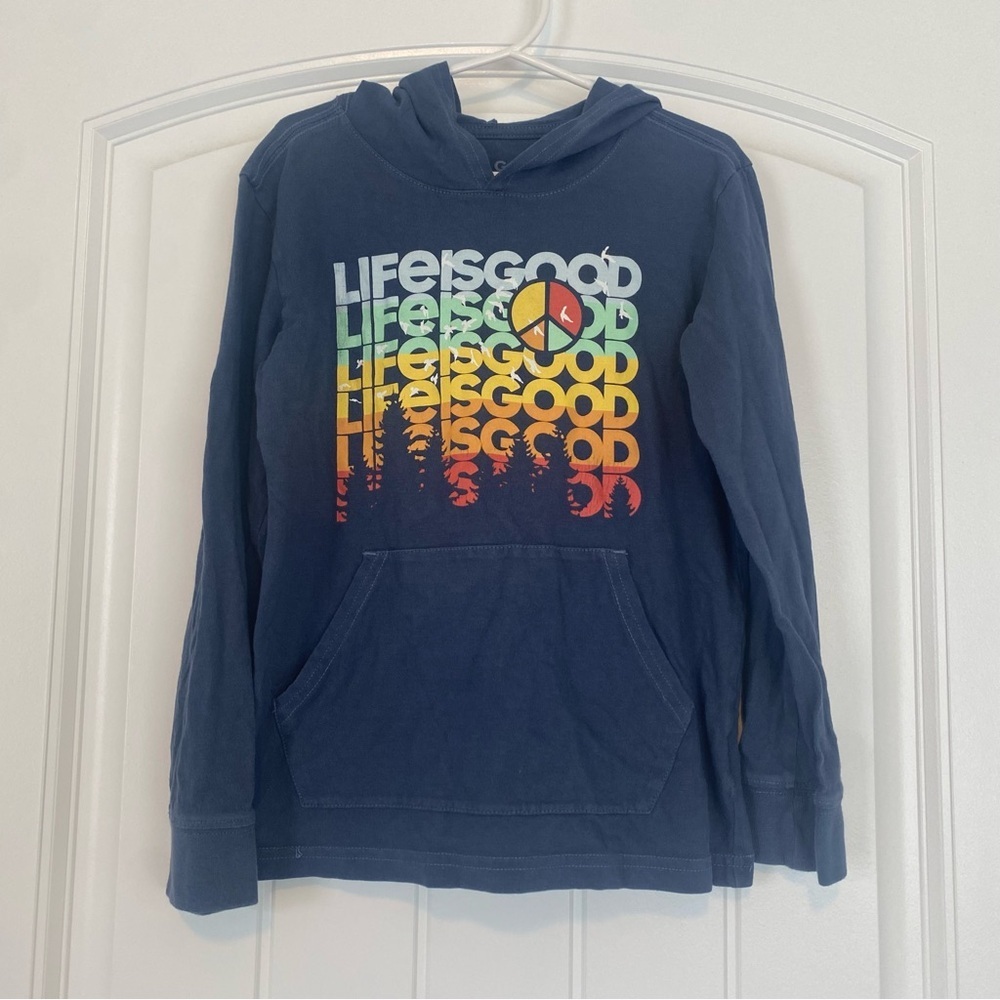 Life Is Good Boys Blue Long Sleeve Tee with Pocket & Hood Size Small